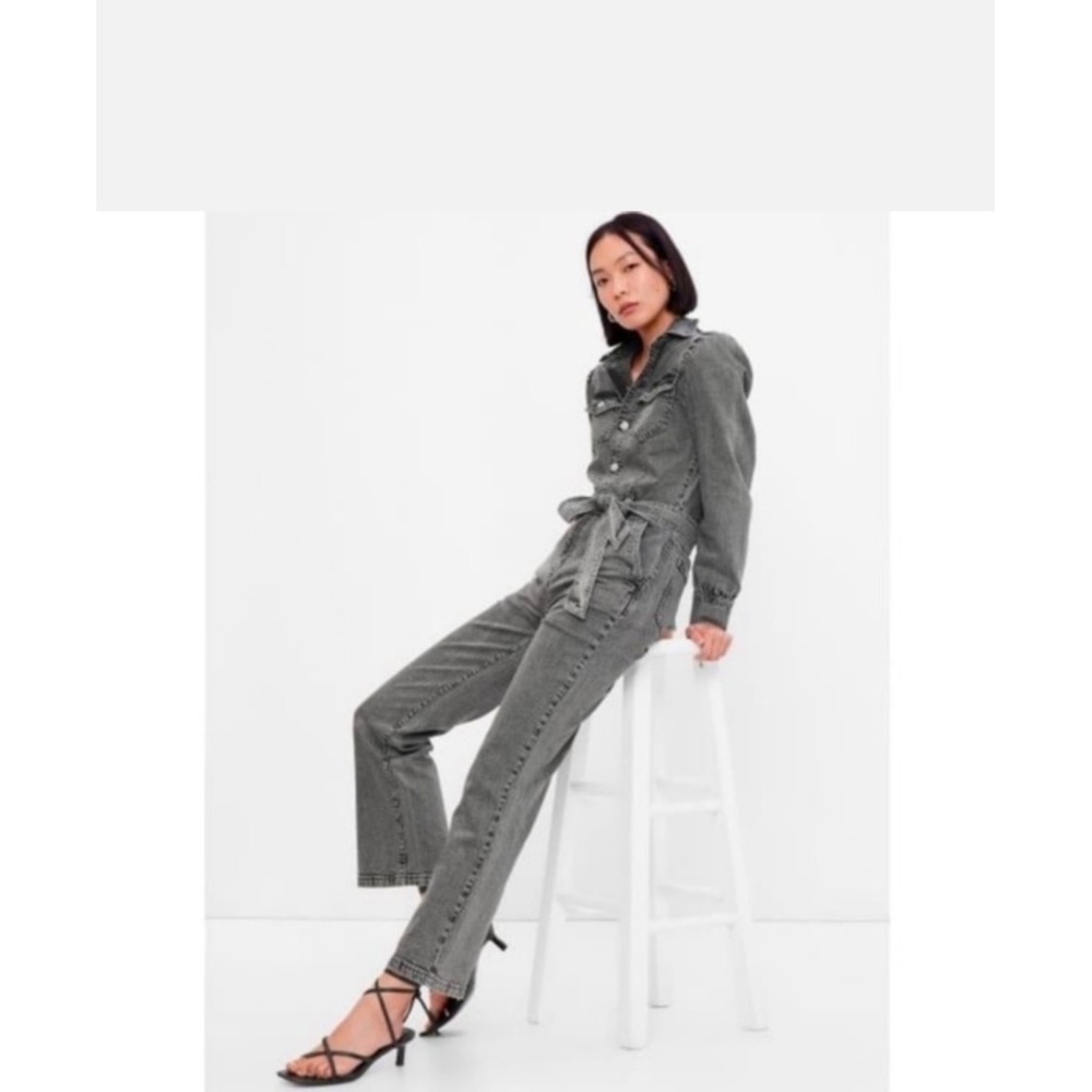 Gap Womens Denim Long Sleeve Tie Waist Jumpsuit Gray Puff Shoulder Size 6 - Picture 2 of 13
